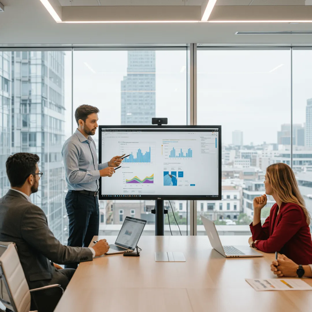Consultor de IA explicando estrategia de inteligencia artificial a una empresa