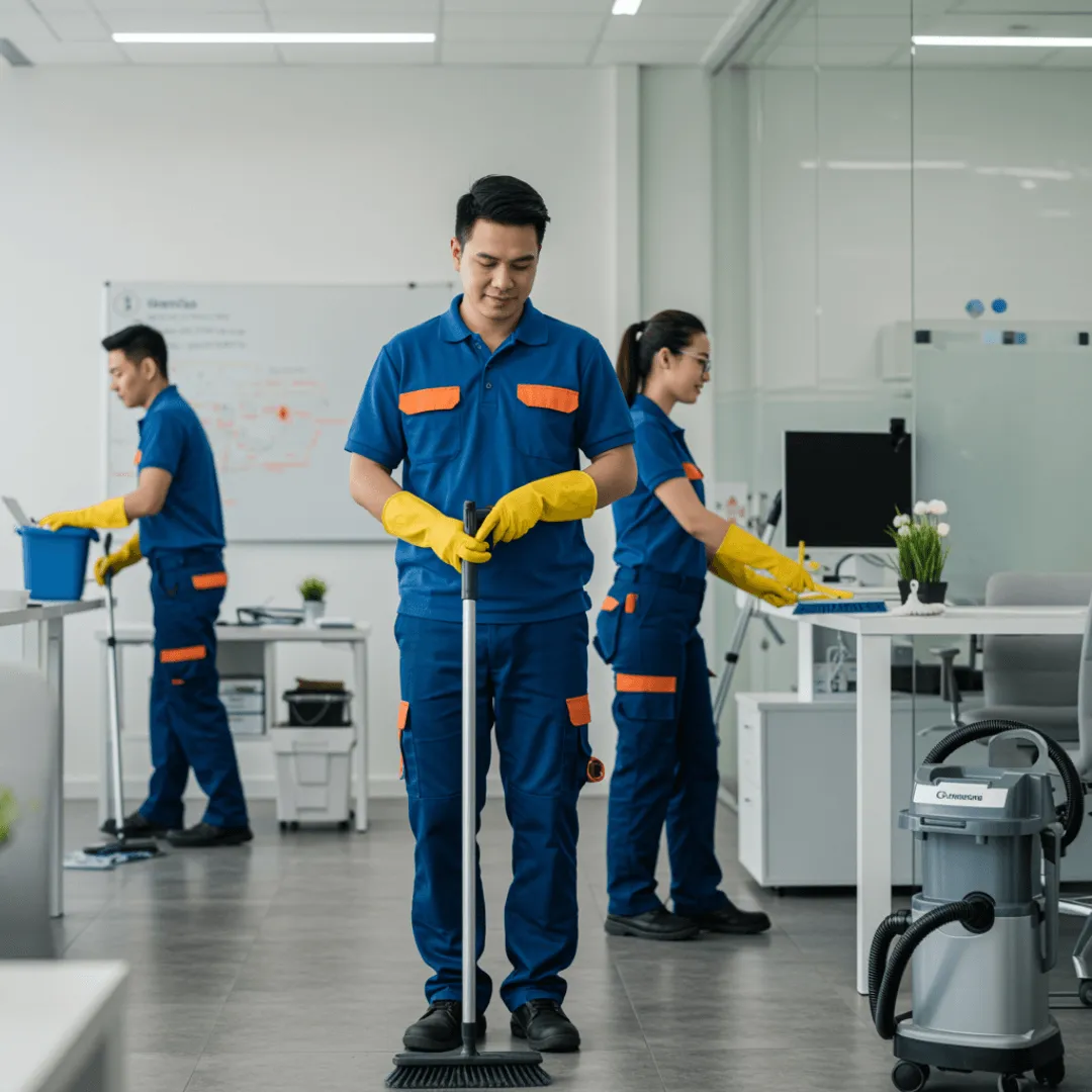 Equipo de limpieza profesional operando en oficinas en España