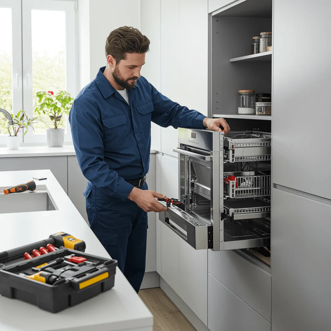 Plomero instalando un lavavajillas en España