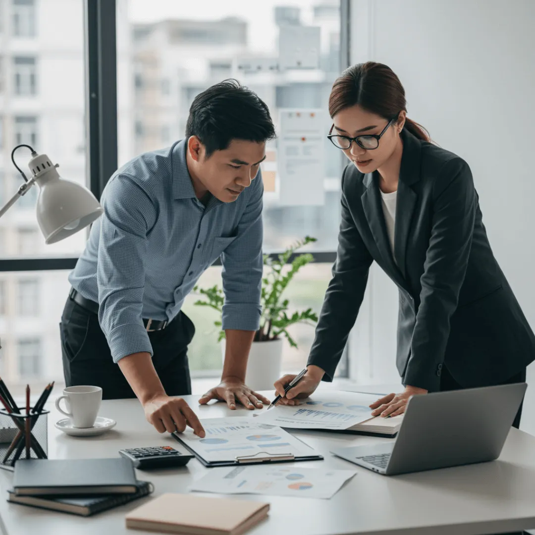 Equipo de contadores españoles analizando métricas contables