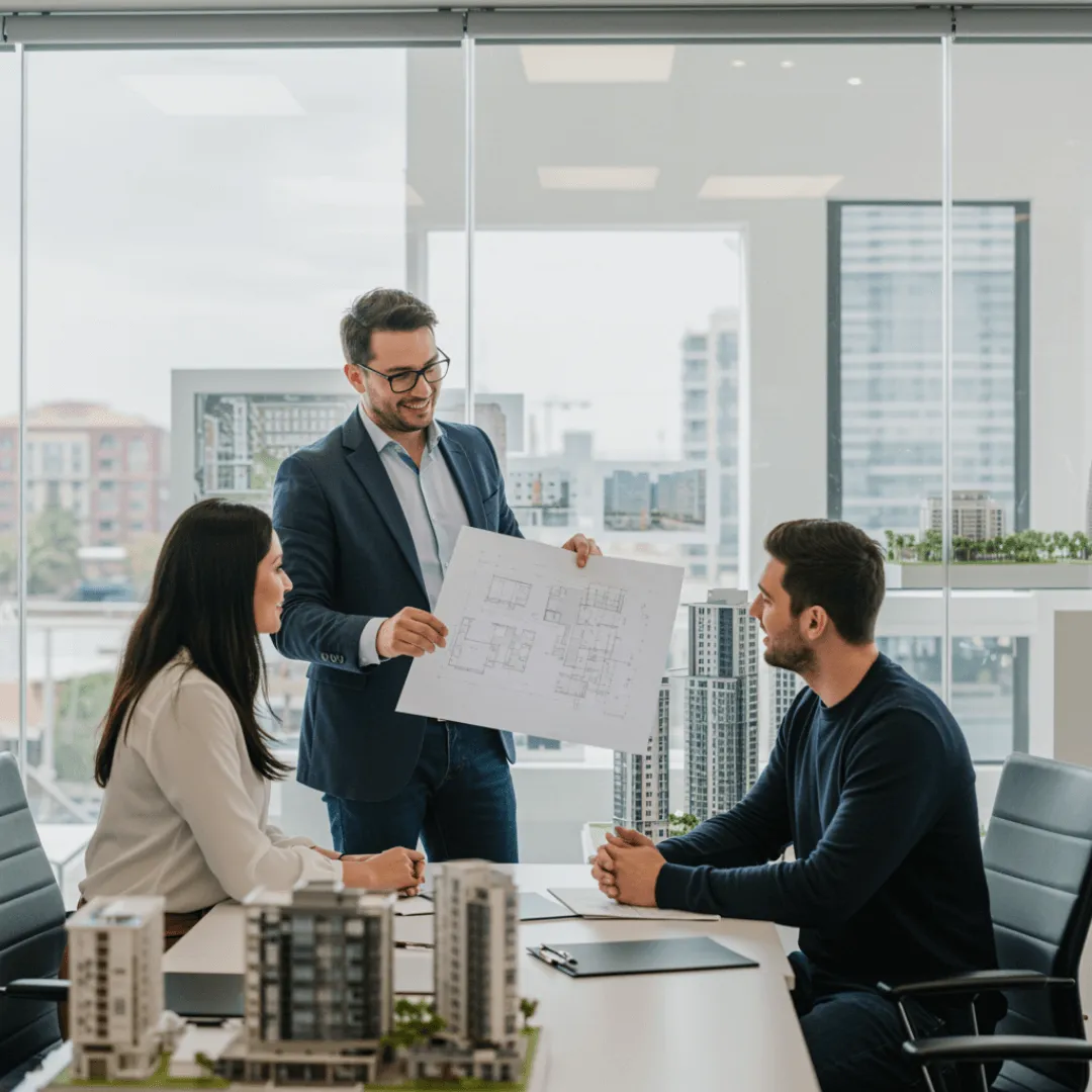 Agentes inmobiliarios mostrando una vivienda a un cliente en España