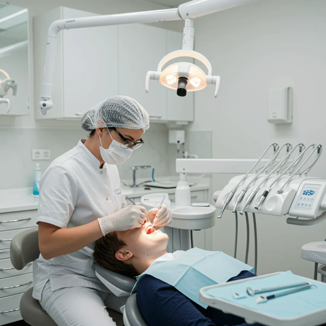 Odontólogo español atendiendo a una paciente en clínica dental